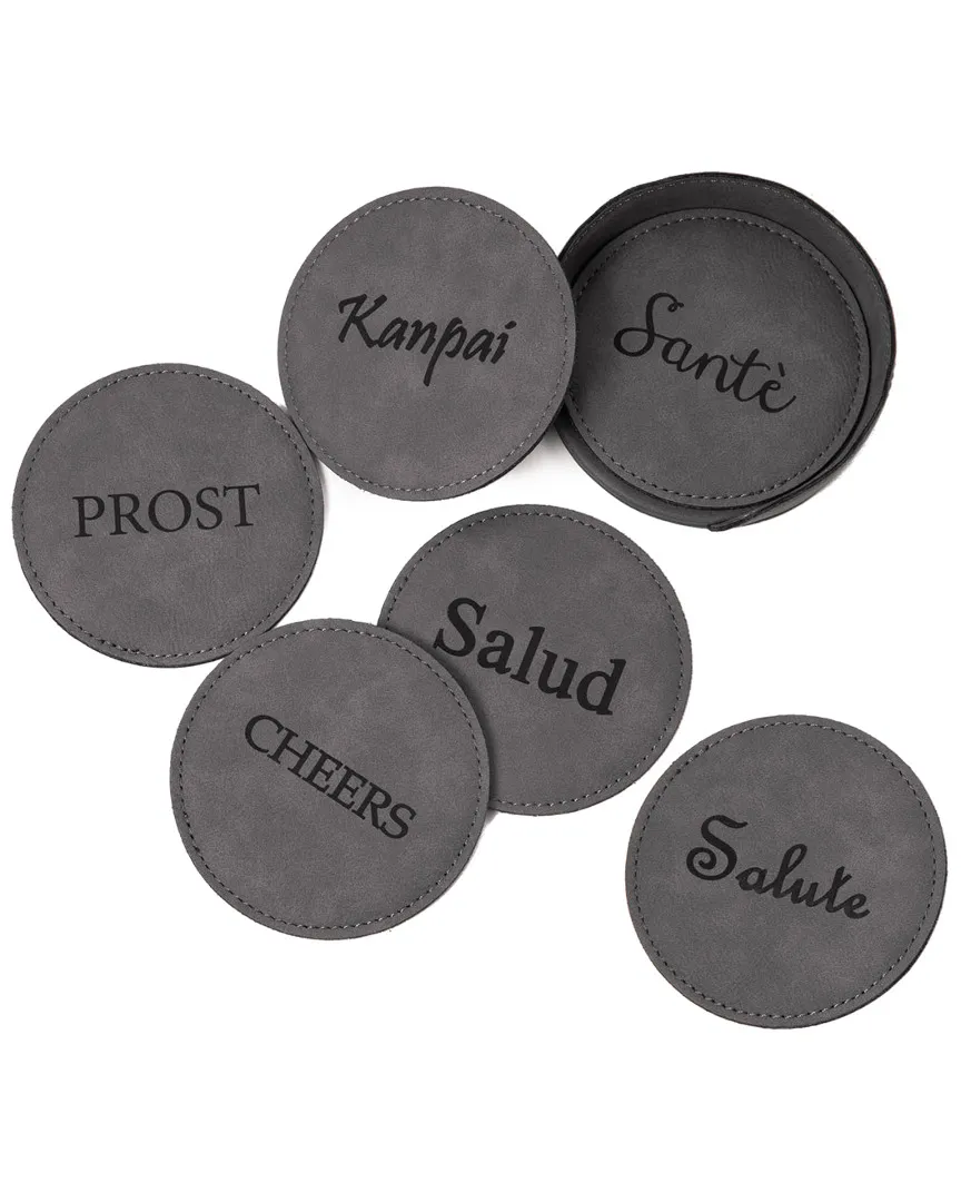 Set of 6 Coasters with Holder - Grey, Leather image