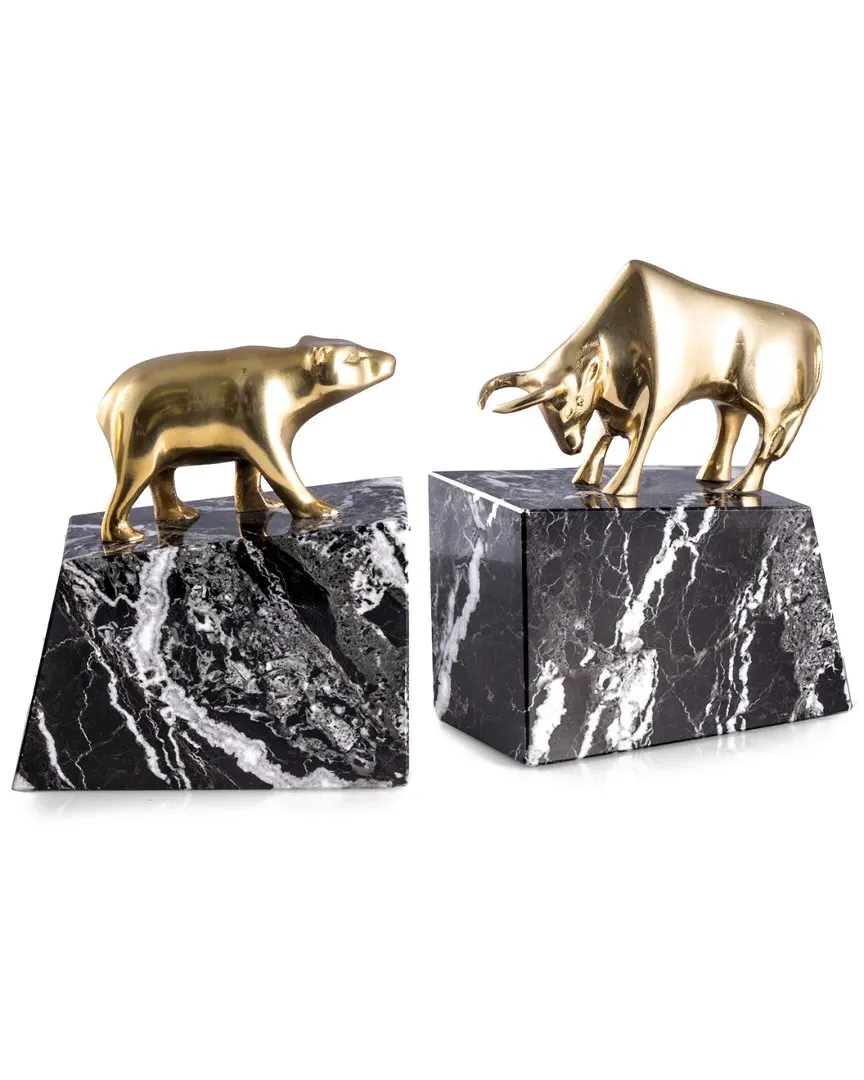 Stock Market Brass Bull & Bear Bookends - Black Zebra Marble image
