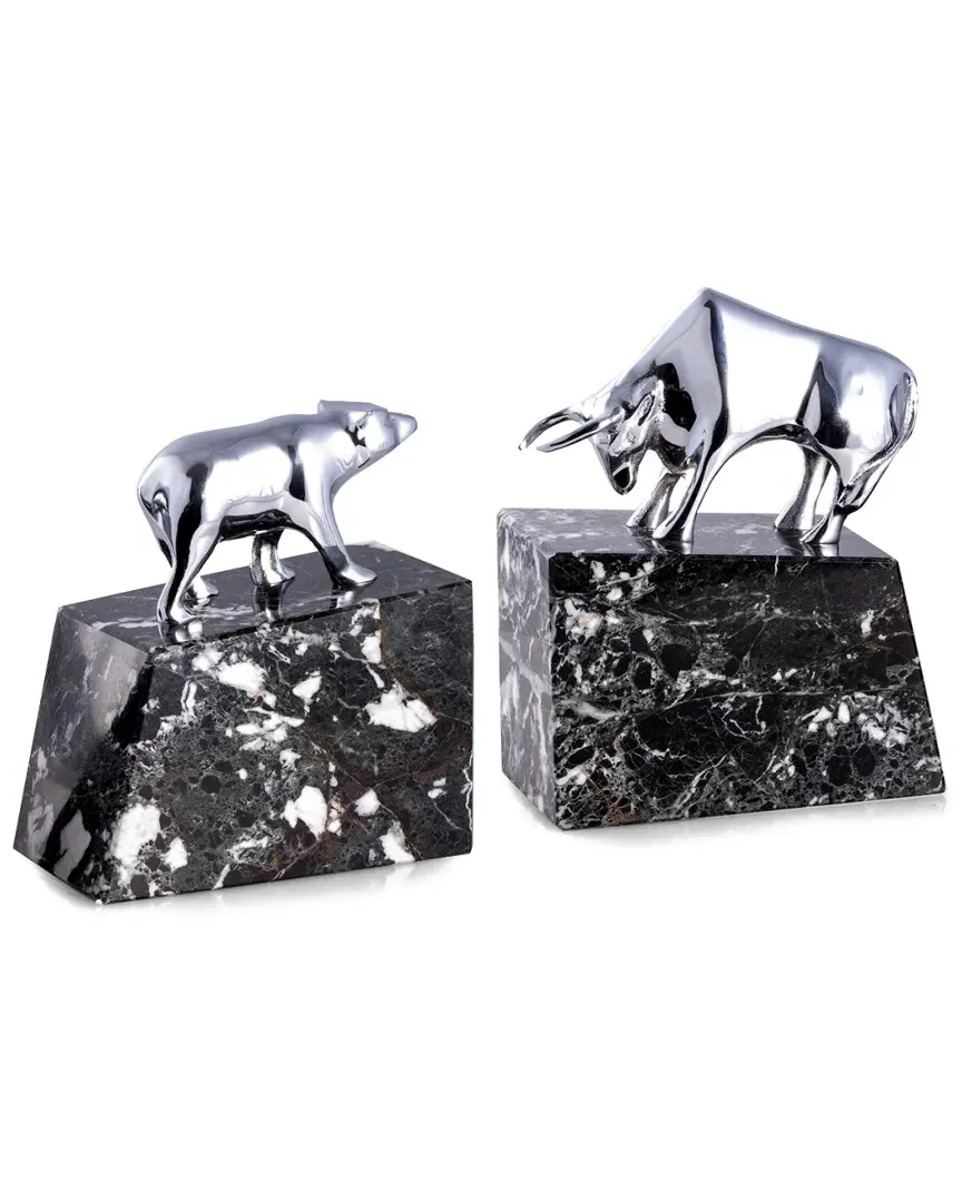 Stock Market Silver Plated Bull & Bear Bookends - Black Zebra Marble