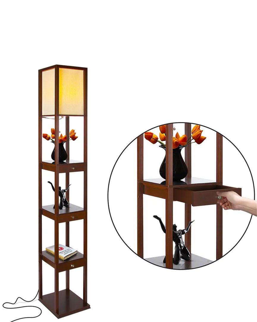Maxwell LED Shelf Floor Lamp with Drawers - Brown, Wood