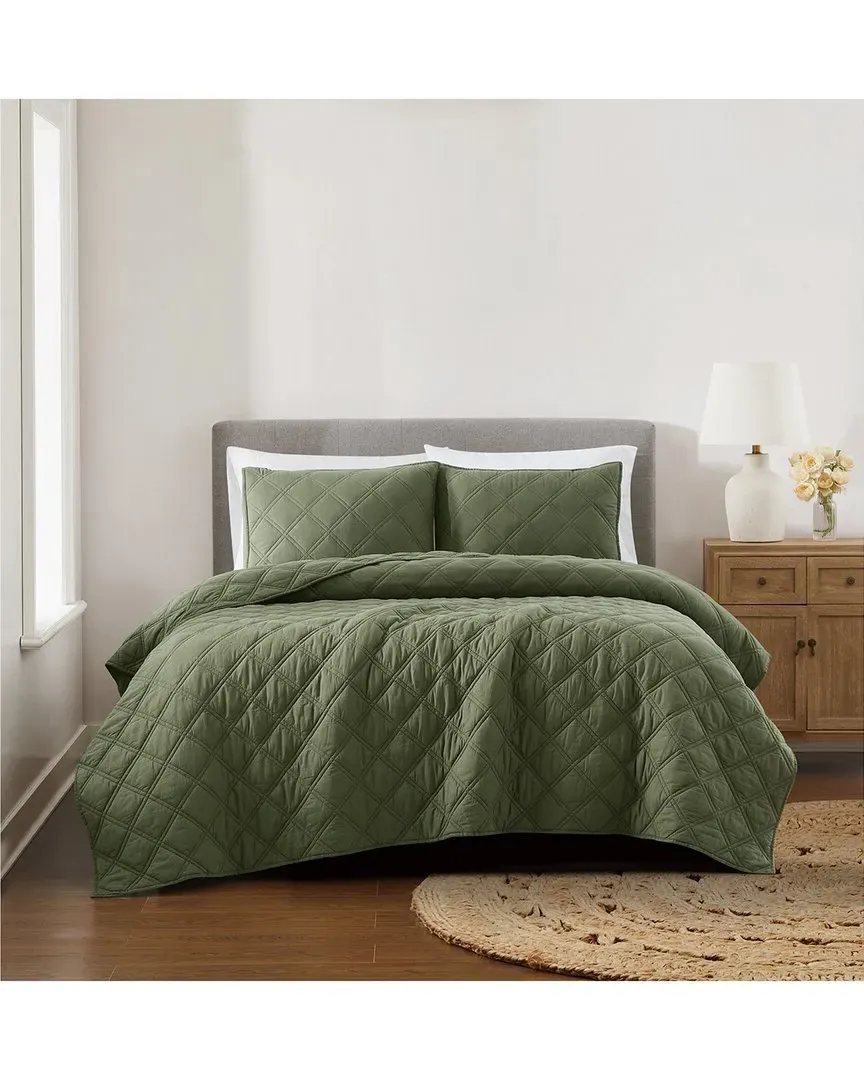 Diamond Washed Cotton Quilt Set - Green image