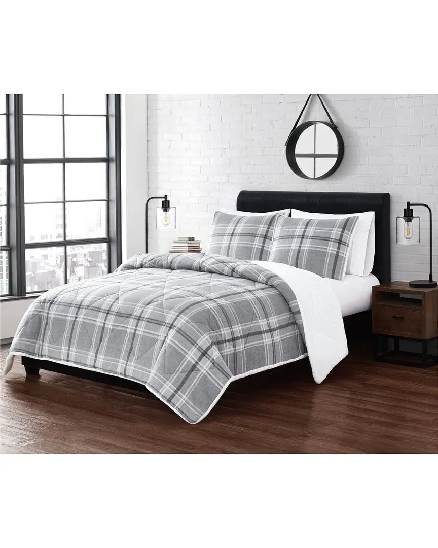 Cozy Teddy Plaid Comforter Set - Grey, Polyester image