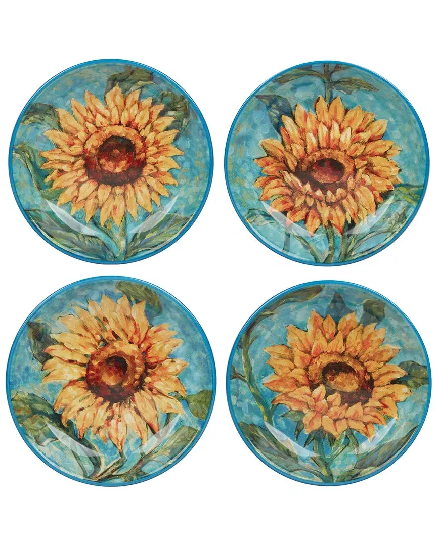Golden Sunflowers Set of 4 Soup Bowls - Blue & Gold, Ceramic