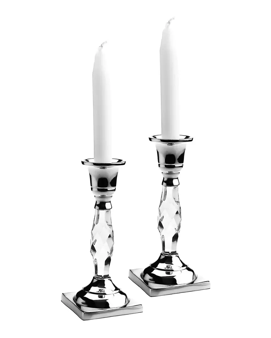 Set of 2 Candlesticks with Glass Square Base - Clear, Silver image