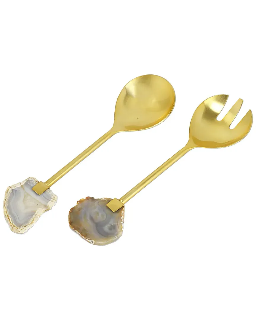 Set of Salad Servers with Agate Stone Handle - Gold, Steel