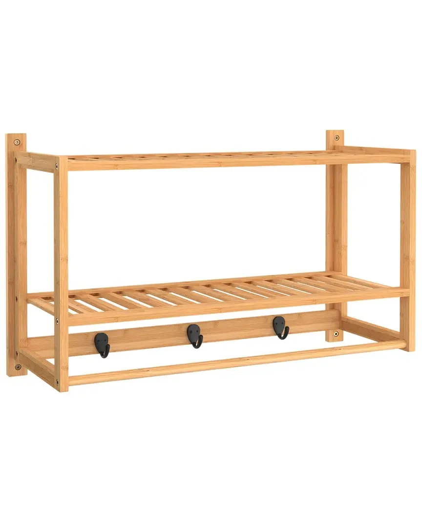 Bamboo Wall Shelf with Hooks - Brown image