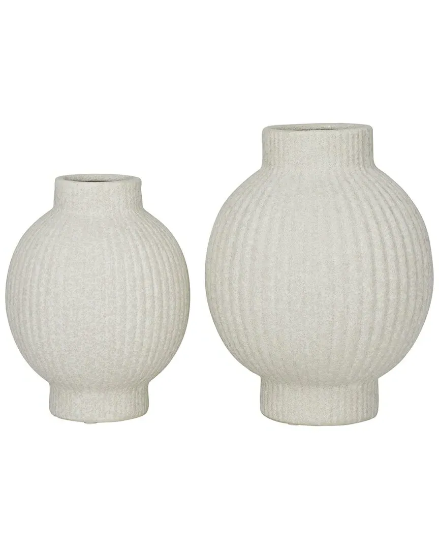 Set of 2 Ceramic Ribbed Vase - White, Stoneware