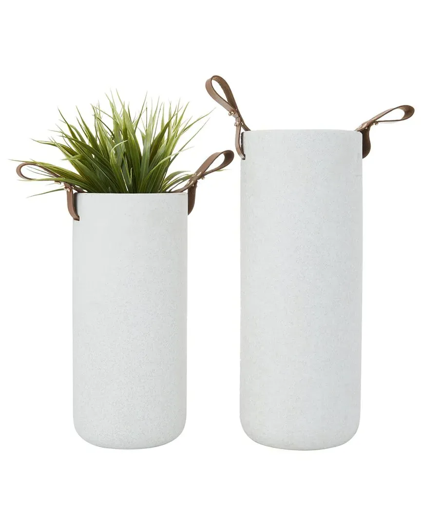 Set of 2 Ceramic Vases with Leather Handles - White