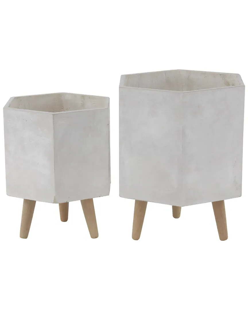Set of 2 Farmhouse Fiber Clay Planters with Stands - Beige image