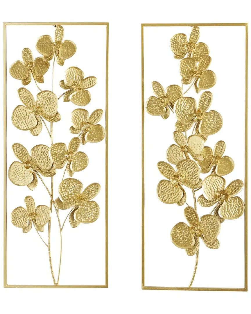 Set of 2 Floral Metal Orchid Wall Decor with Frame - Gold