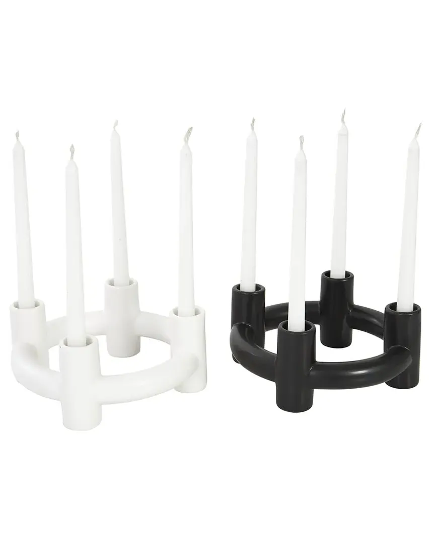 Set of 2 Geometric Circle Candle Holders - Black, Ceramic image