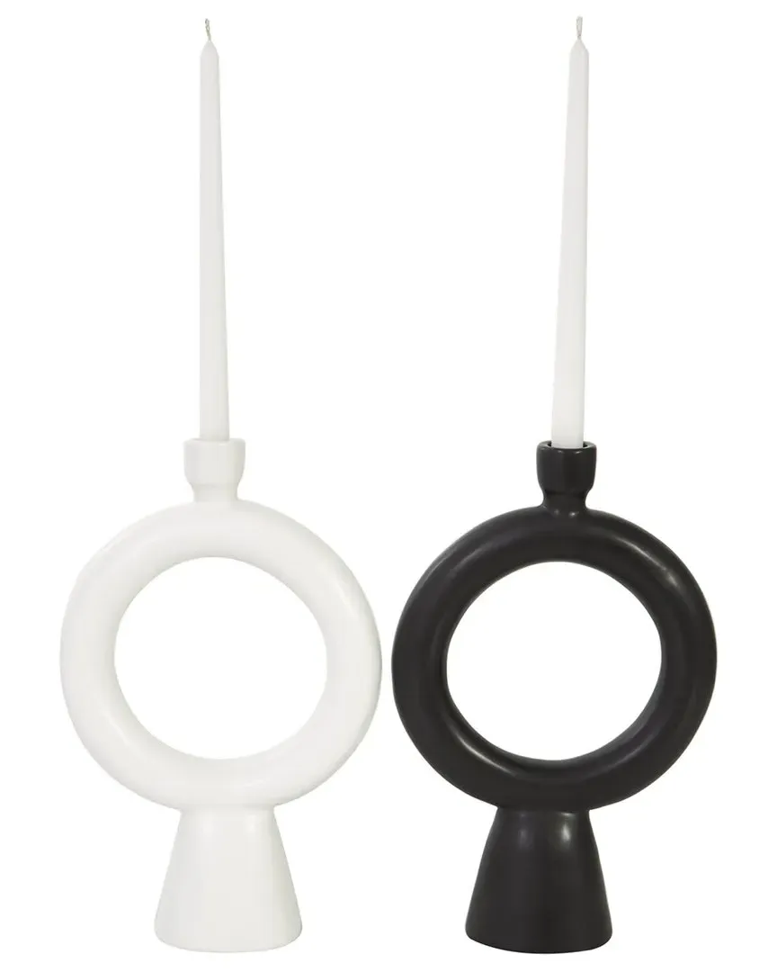 Set of 2 Geometric Ring Candle Holders - Black, Ceramic