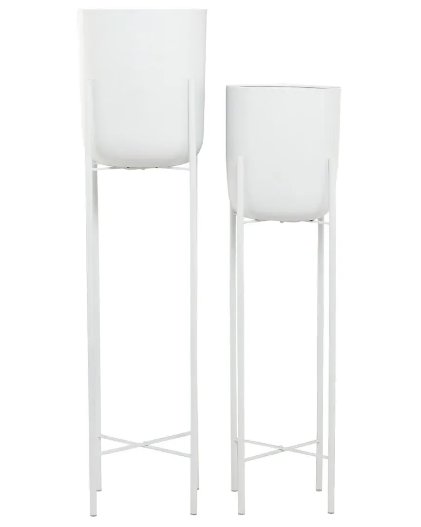 Set of 2 Round Metal Planters with Removable Stand - White