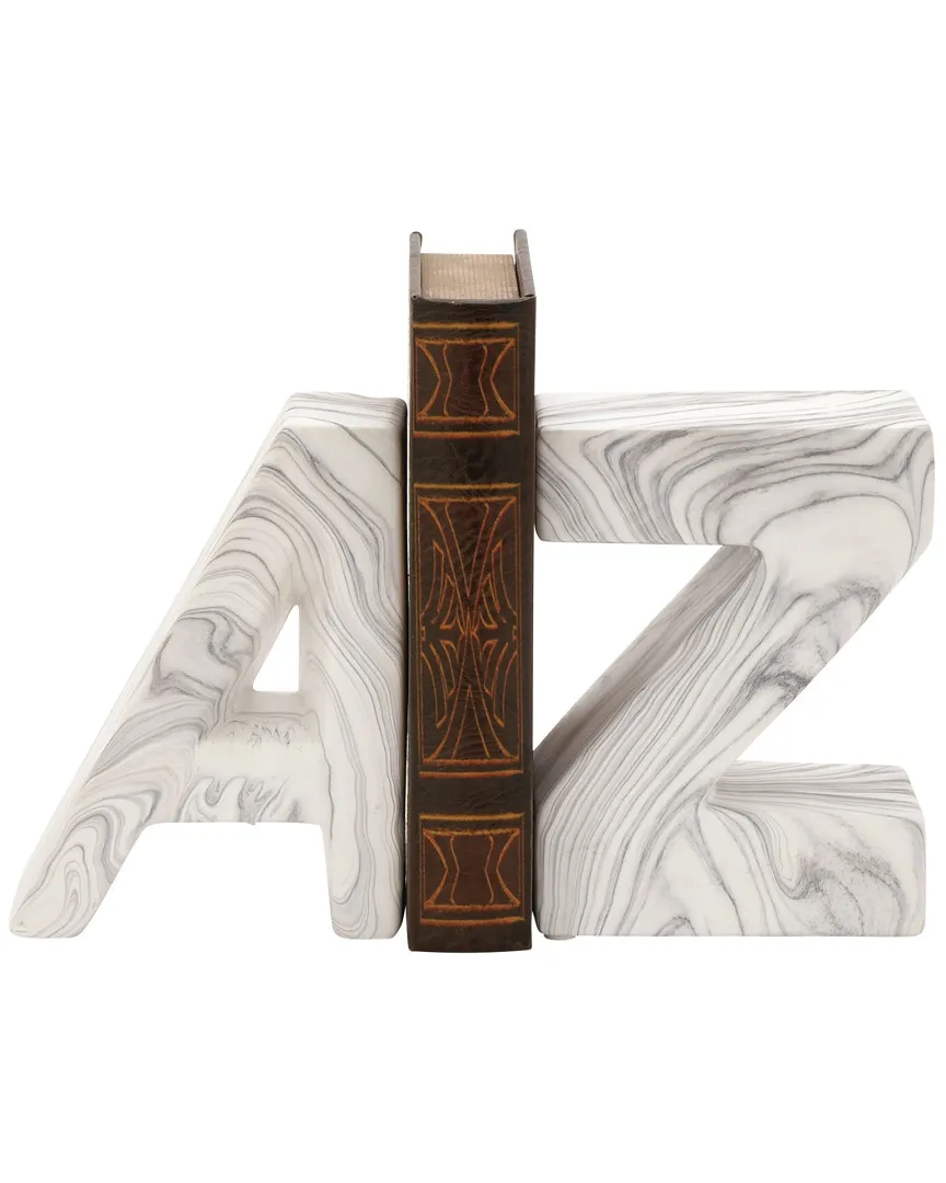Set of 2 Text A-Z Bookends with Faux Marble Finish - White, Ceramic image