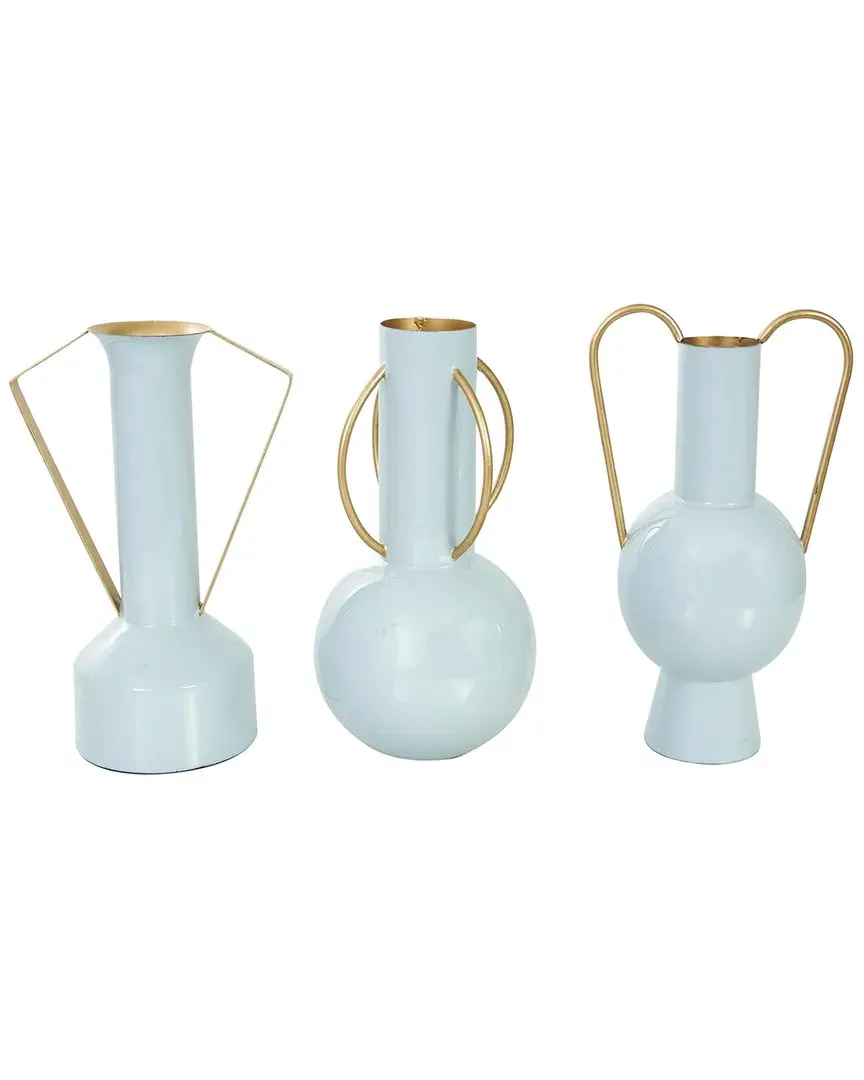 Set of 3 Enameled Decorative Vases - Light Blue, Iron