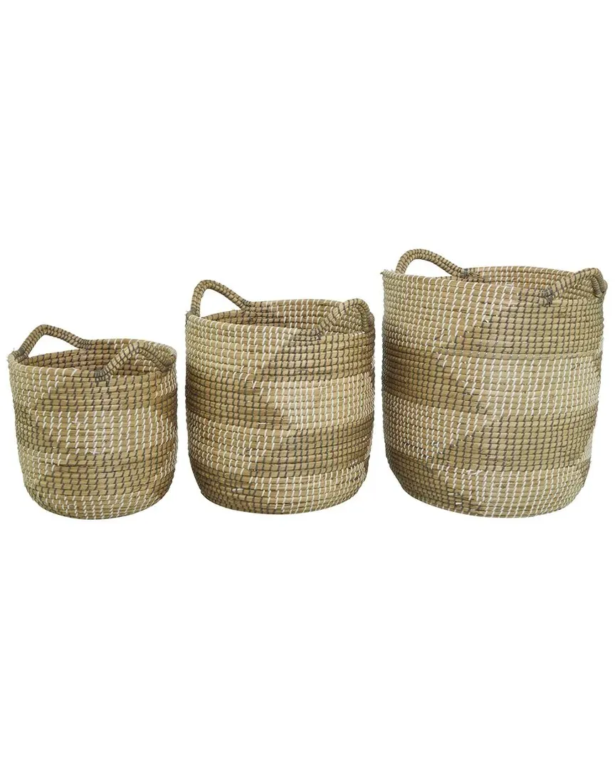Set of 3 Two Toned Storage Baskets with Handles - Brown, Seagrass