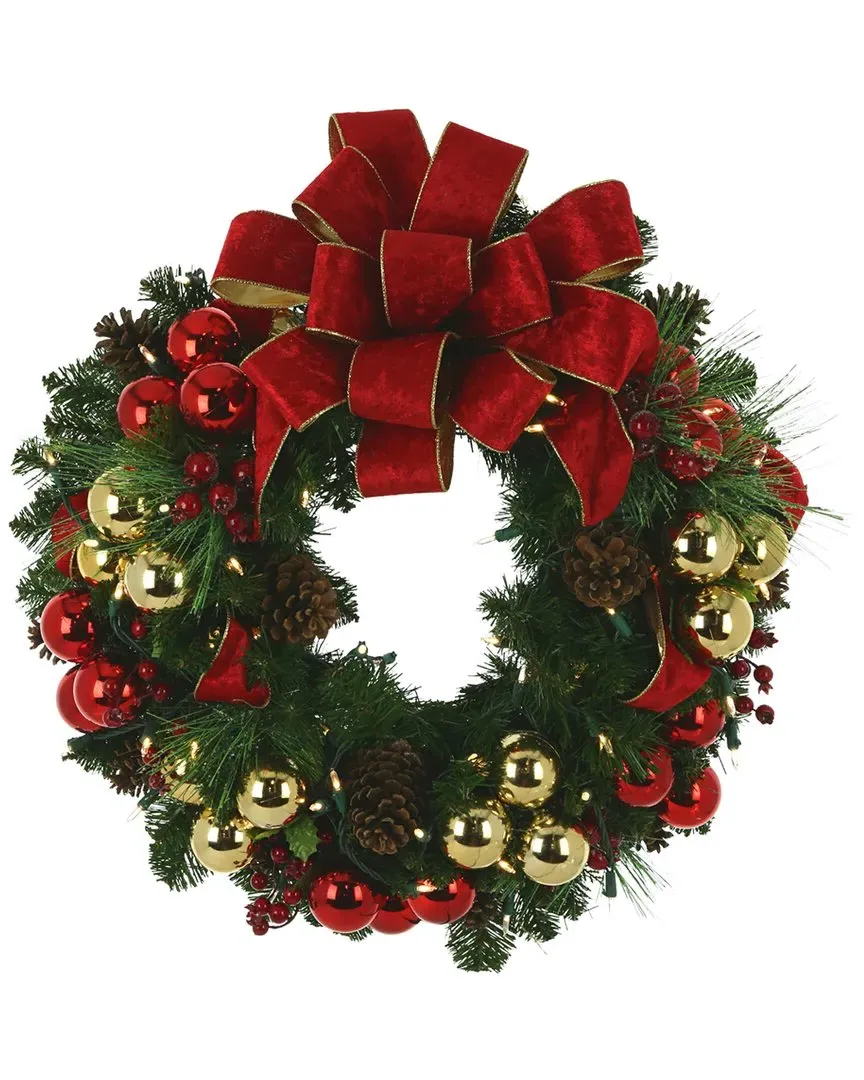 26" LED Lit Evergreen Wreath with Berries - Red