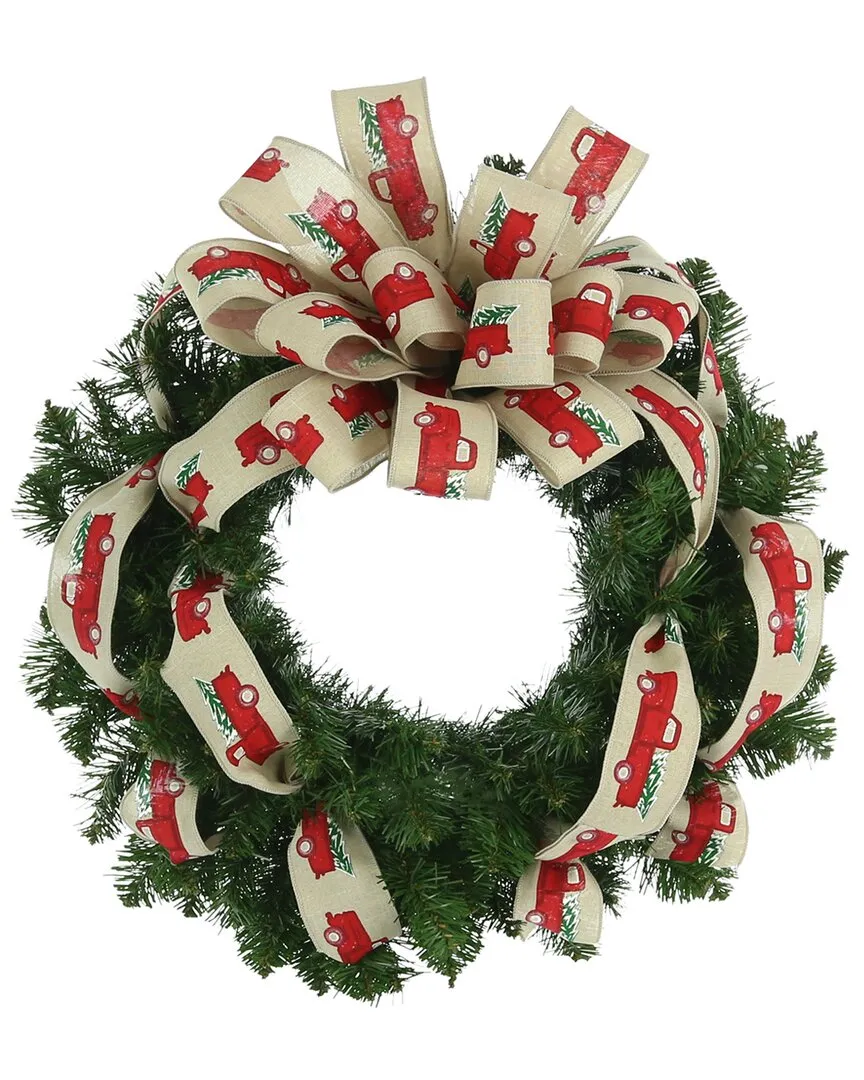 26in Evergreen Holiday Wreath with Red Truck Bow - Red