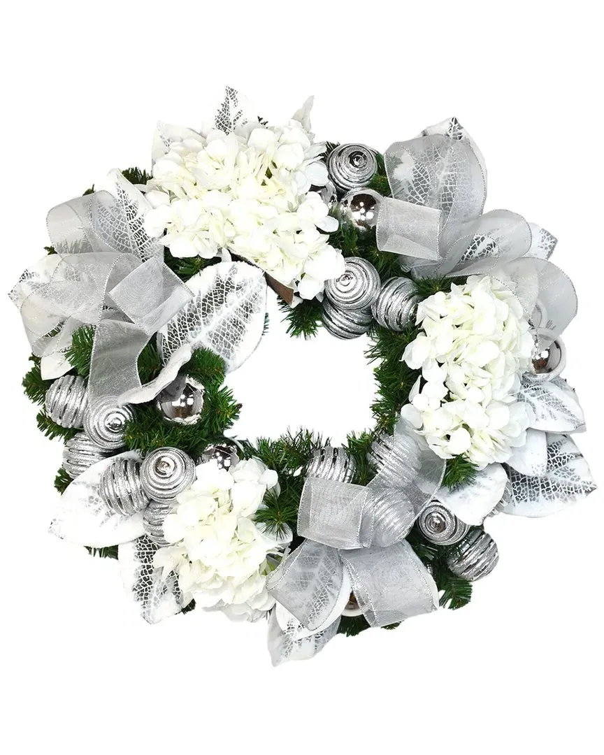 26in Evergreen Holiday Wreath with White Hydrangeas - Silver