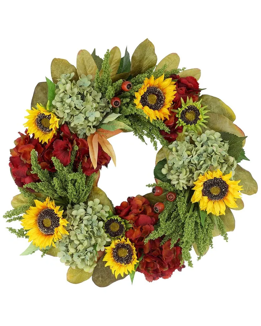 26in Fall Wreath with Sunflowers & Hydrangeas - Yellow