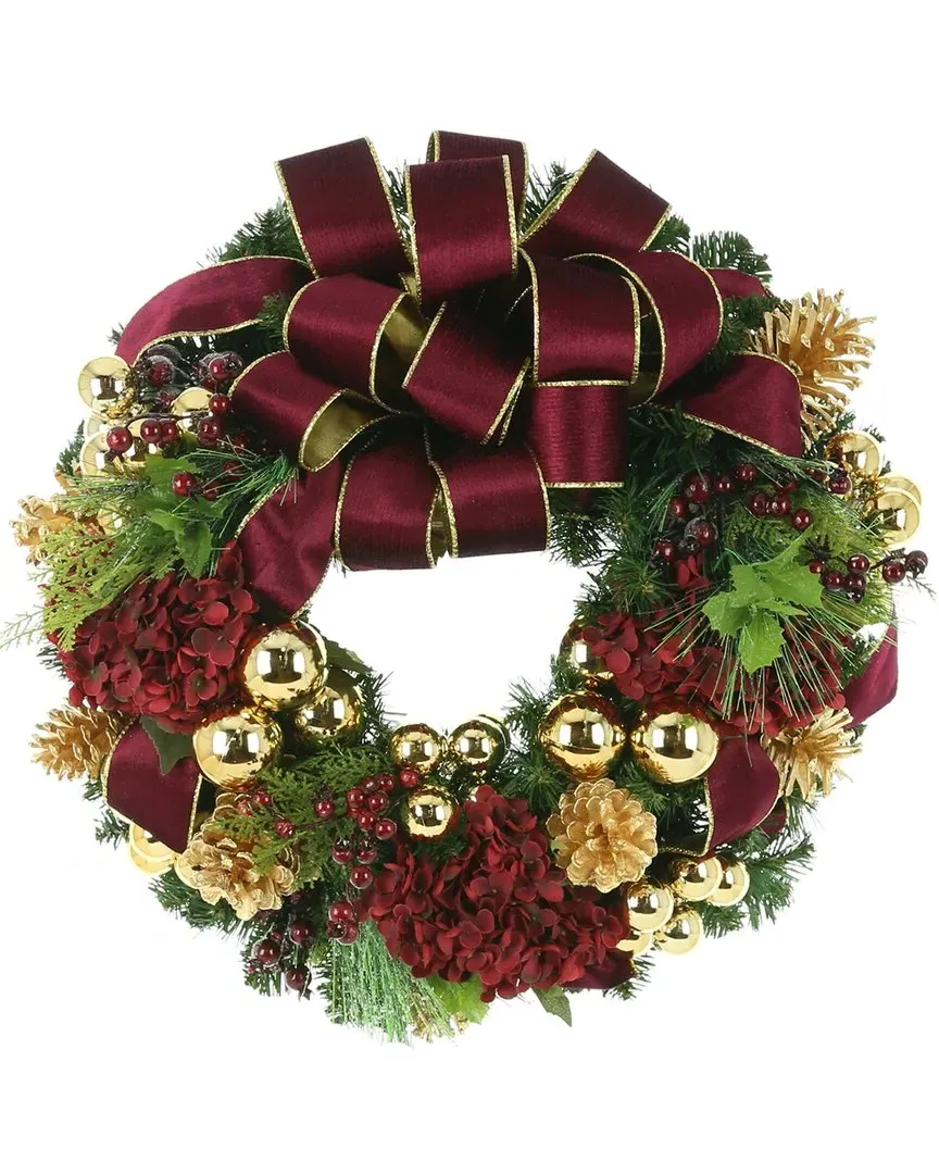 26in Holiday Wreath with Burgundy Bow - Green
