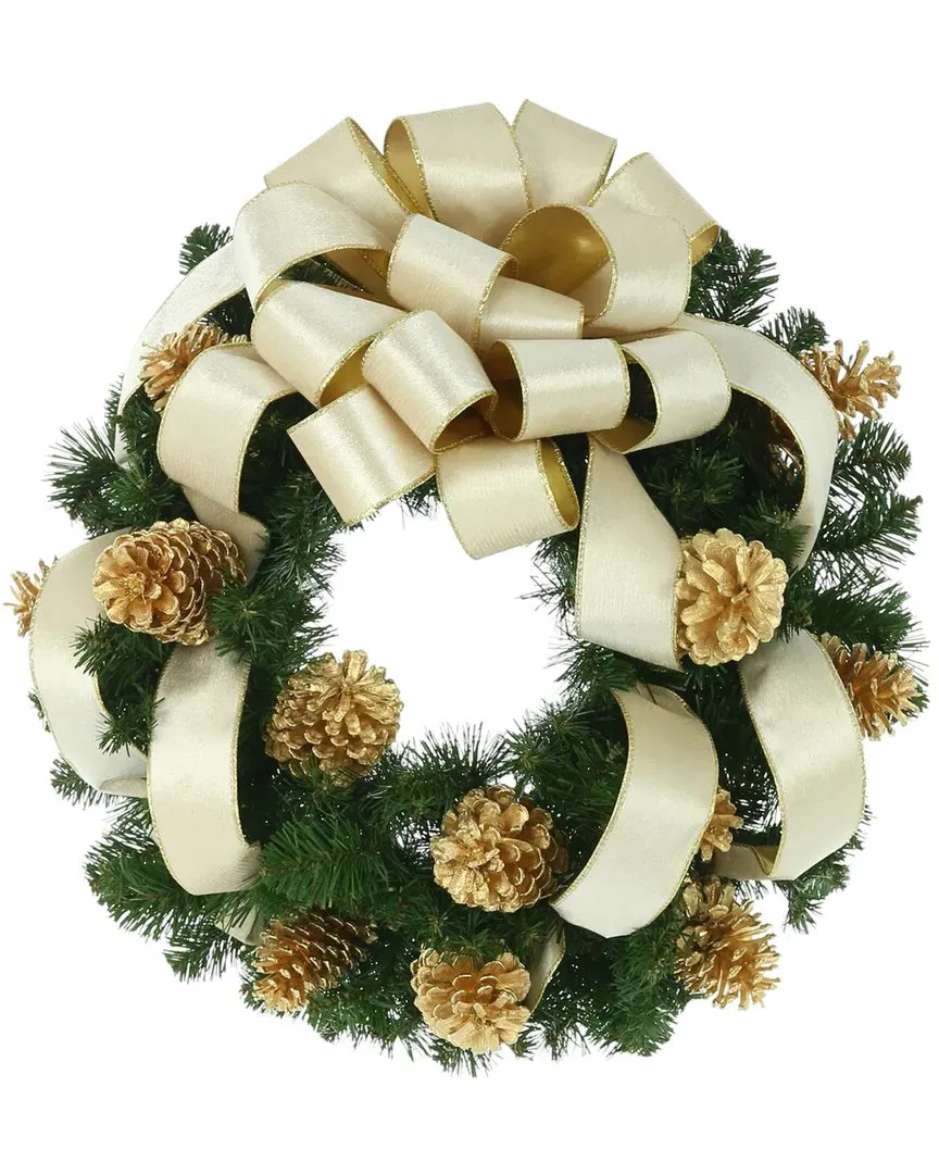 26in Holiday Wreath with Cream Bow - Green