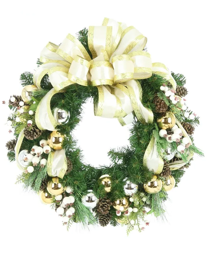 26in Holiday Wreath with Gold Silver Ornaments - Green