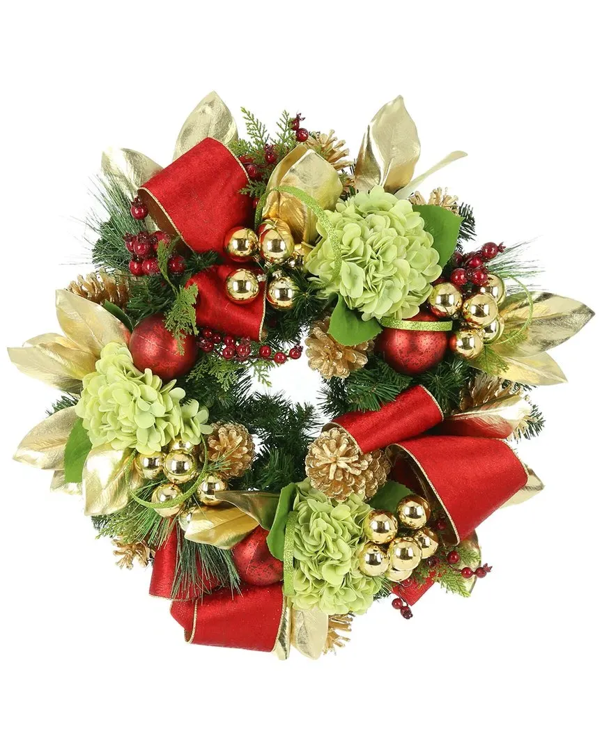 26in Holiday Wreath with Green Hydrangeas - Red