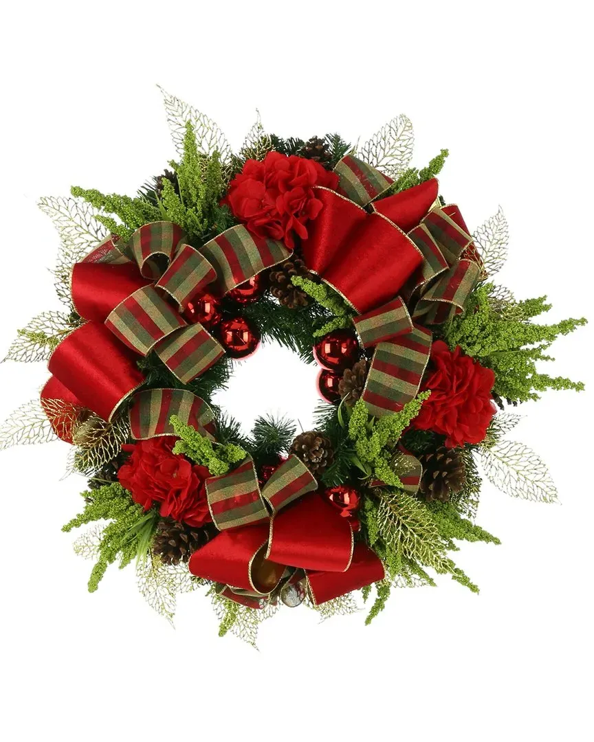 26in Holiday Wreath with Hydrangeas Pinecones - Green