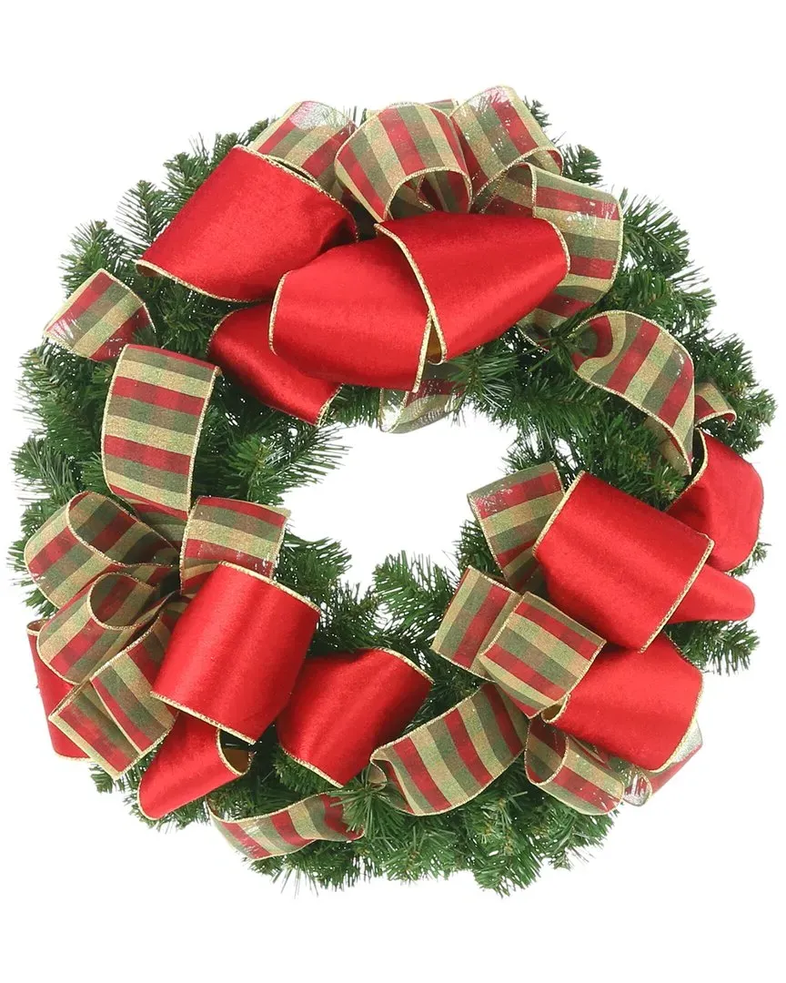 26in Holiday Wreath with Plaid Bow - Green