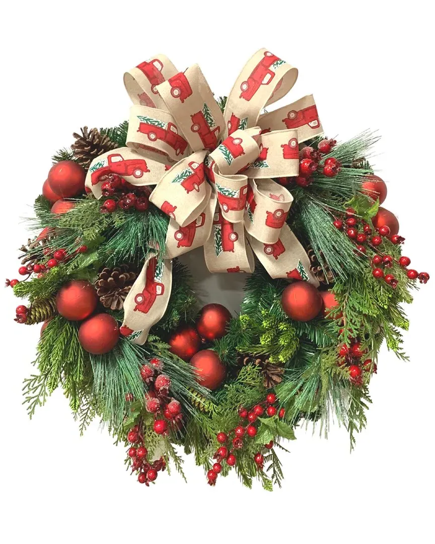 26in Holiday Wreath with Red Truck Bow - Red