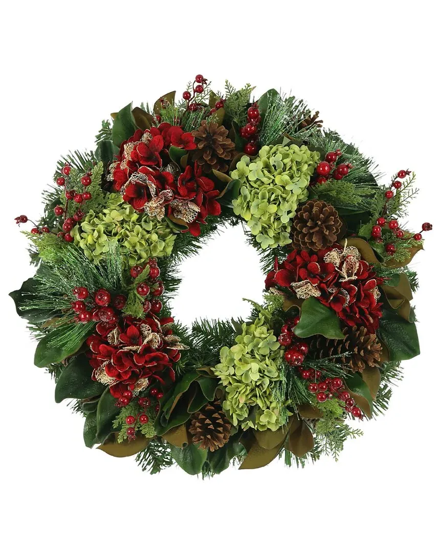 28in Holiday Wreath with Hydrangeas and Pinecones - Red