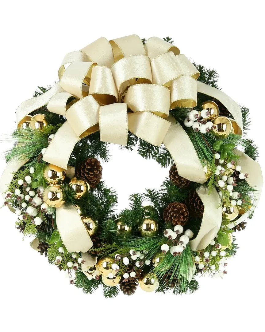 32in Holiday Wreath with Cream Bow - Green