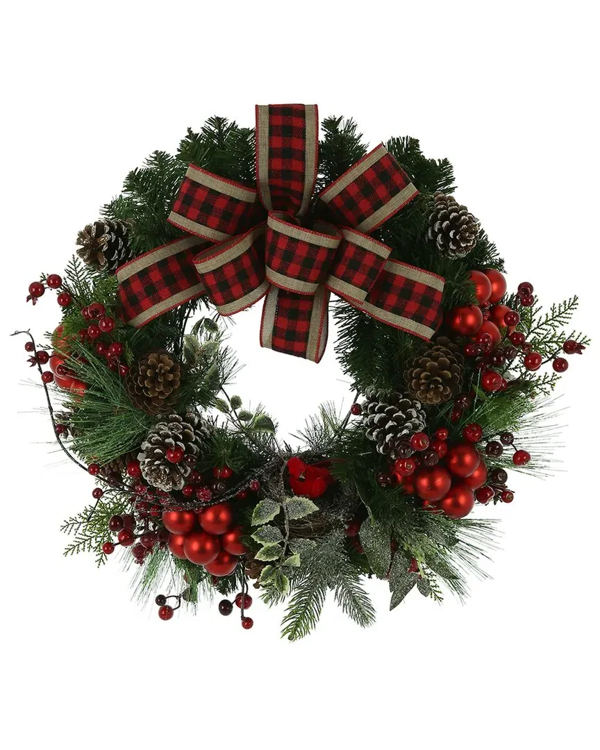 34in Christmas Wreath with Farmhouse Bow - Red, Polysilk image