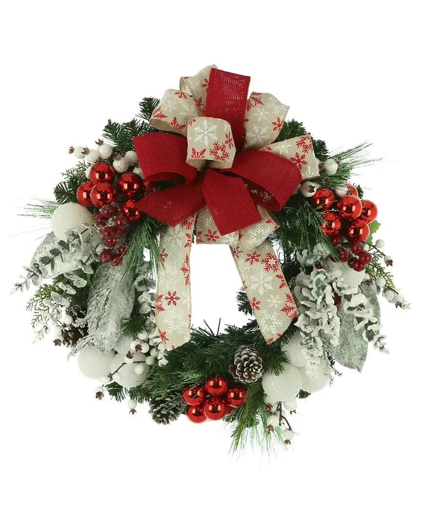 34in Flocked Holiday Wreath with Eucalyptus - Red image