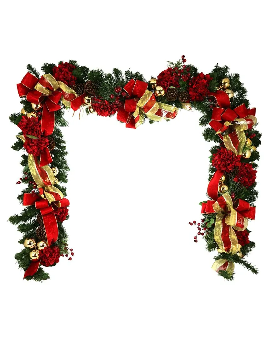 9Ft Christmas Garland with Hydrangeas & Bows - Red image