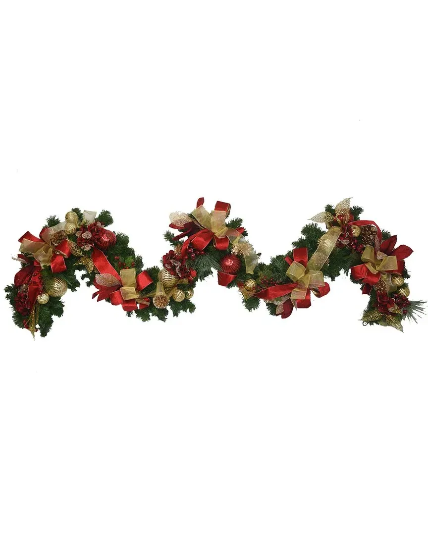 9Ft Holiday Garland with Hydrangeas & Ornaments - Burgundy