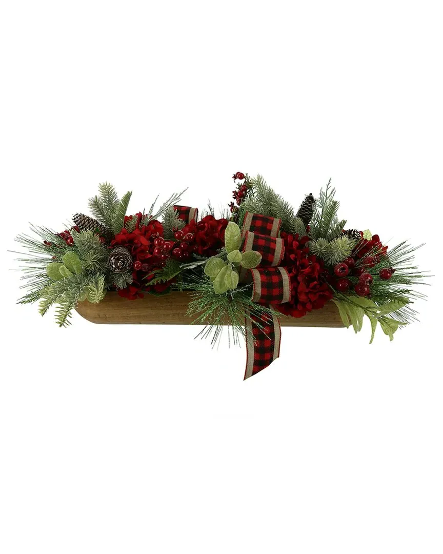 Farmhouse Christmas Centerpiece with Evergreen & Plaid Bows - Red image