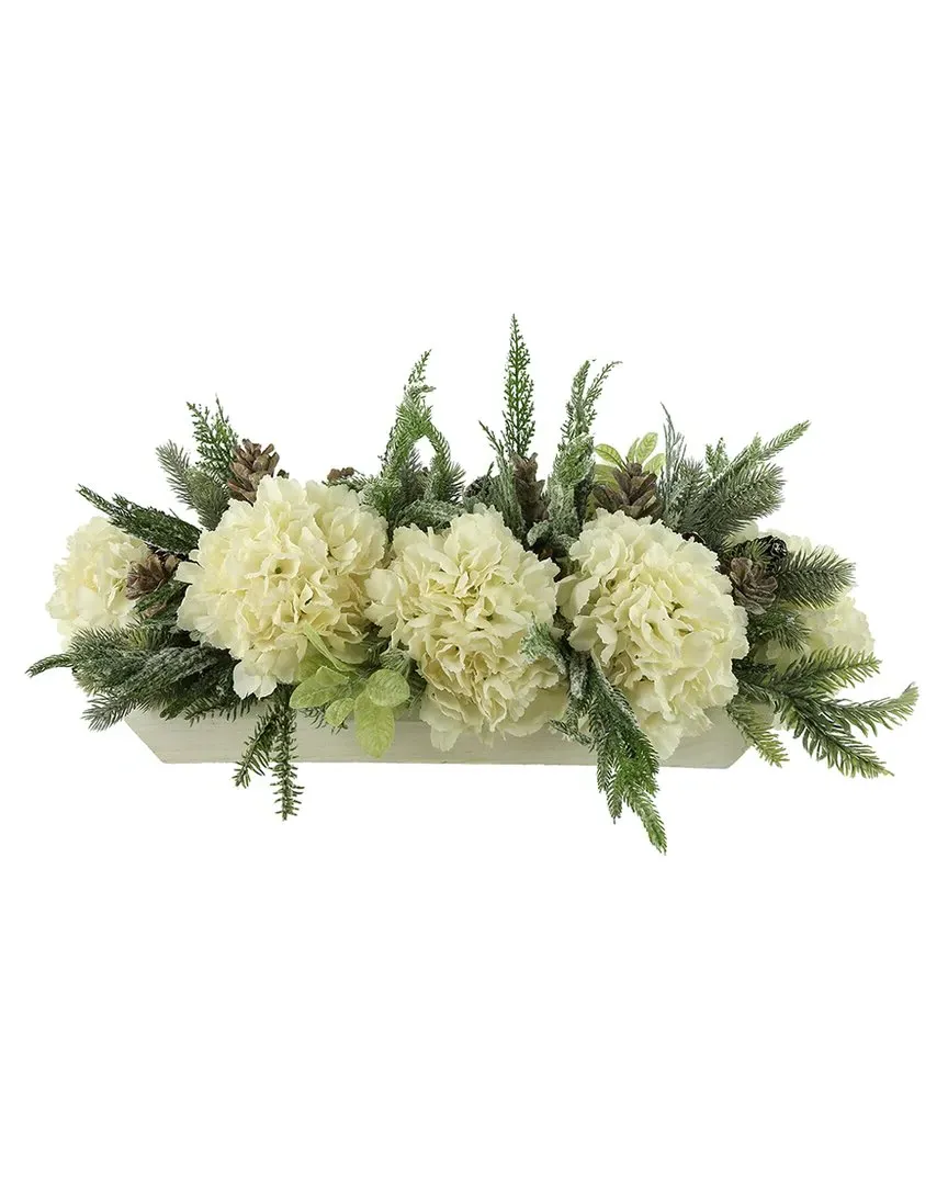 Flocked Evergreen Christmas Centerpiece with Hydrangeas - White