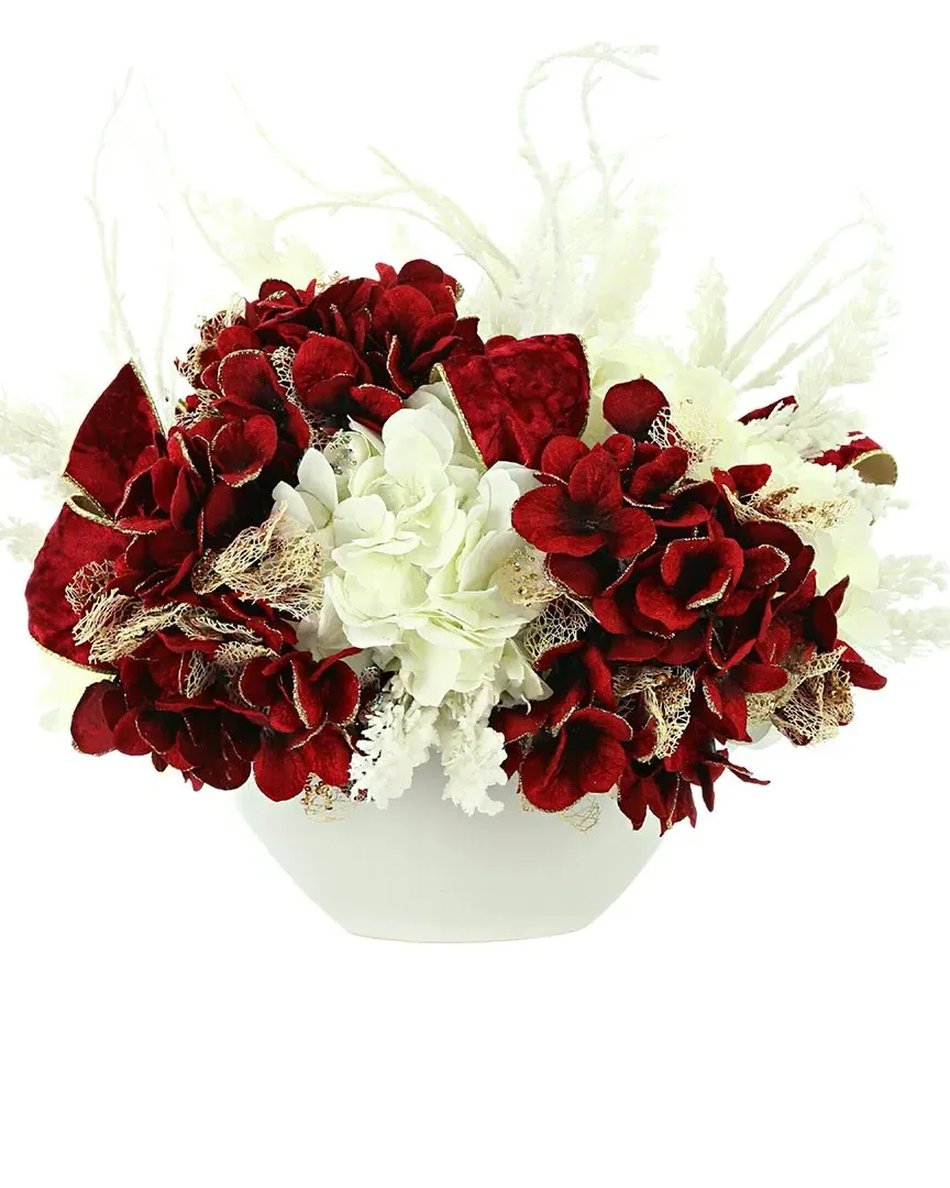 Red Hydrangea Holiday Arrangement with Bow - White, Fiberstone image