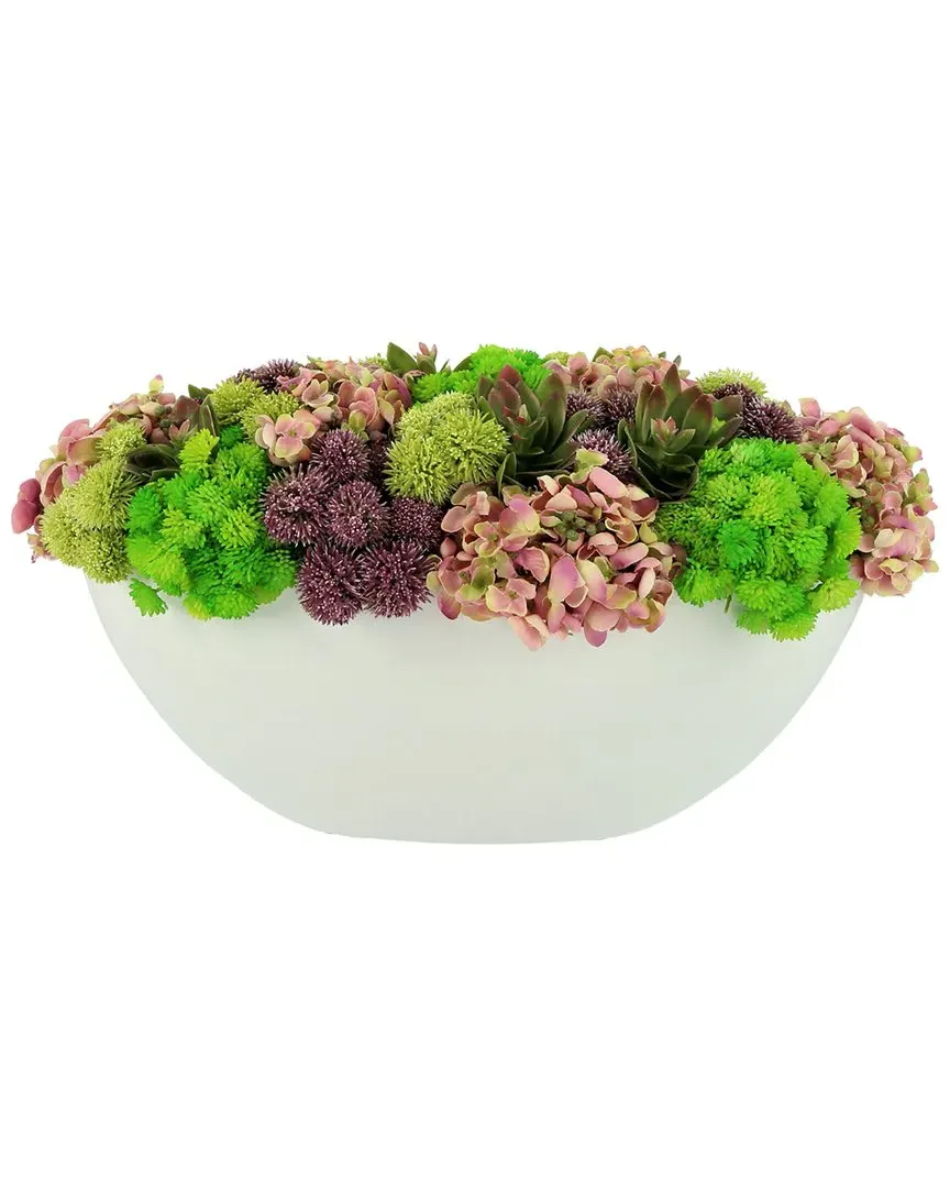 Sedum And Hydrangea Floral Display - Green, Ceramic
