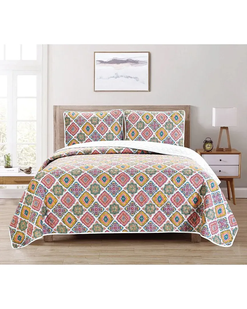 3-Piece Reversible Quilt Set - Aqua Boho, Microfiber image