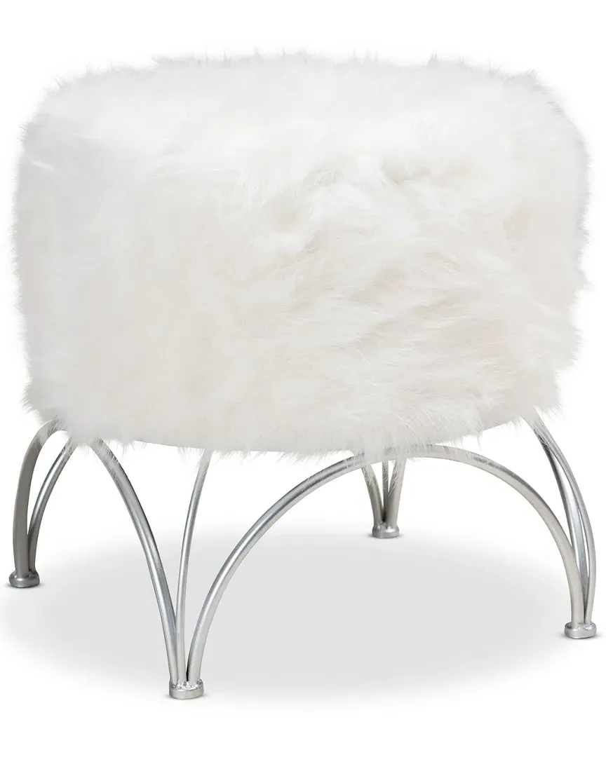 Celia Round Ottoman - White, Faux Fur