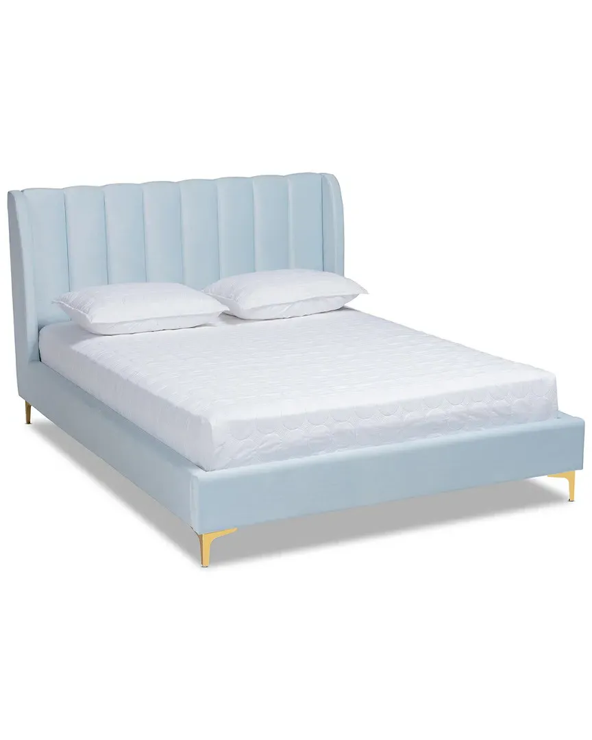 Saverio Queen Size Platform Bed - Light Blue, Velvet