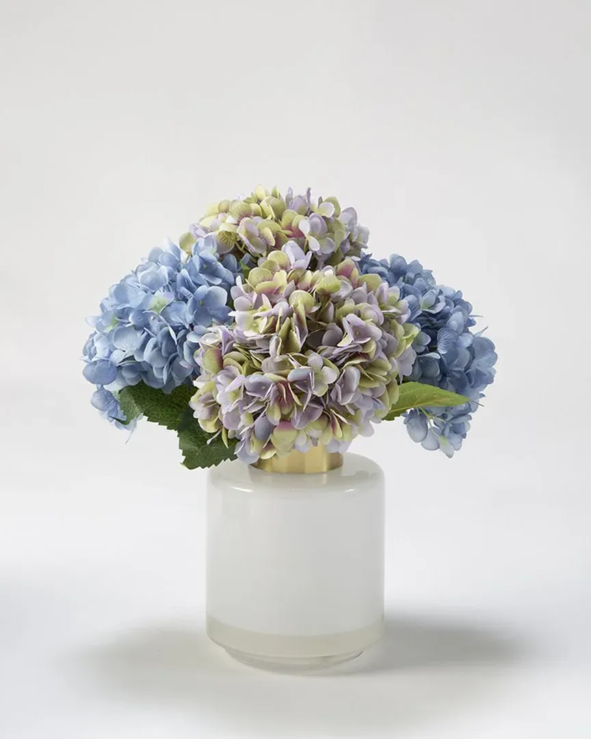 Blue Violet Hydrangeas Arrangement - White Glass, Gold Collar image