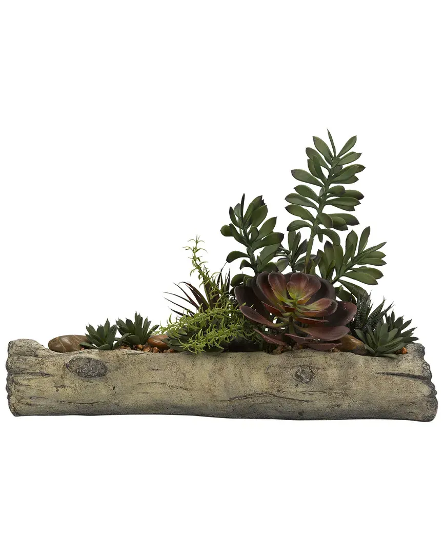 D&W Silks Assorted Succulents On Cement Log - Green image