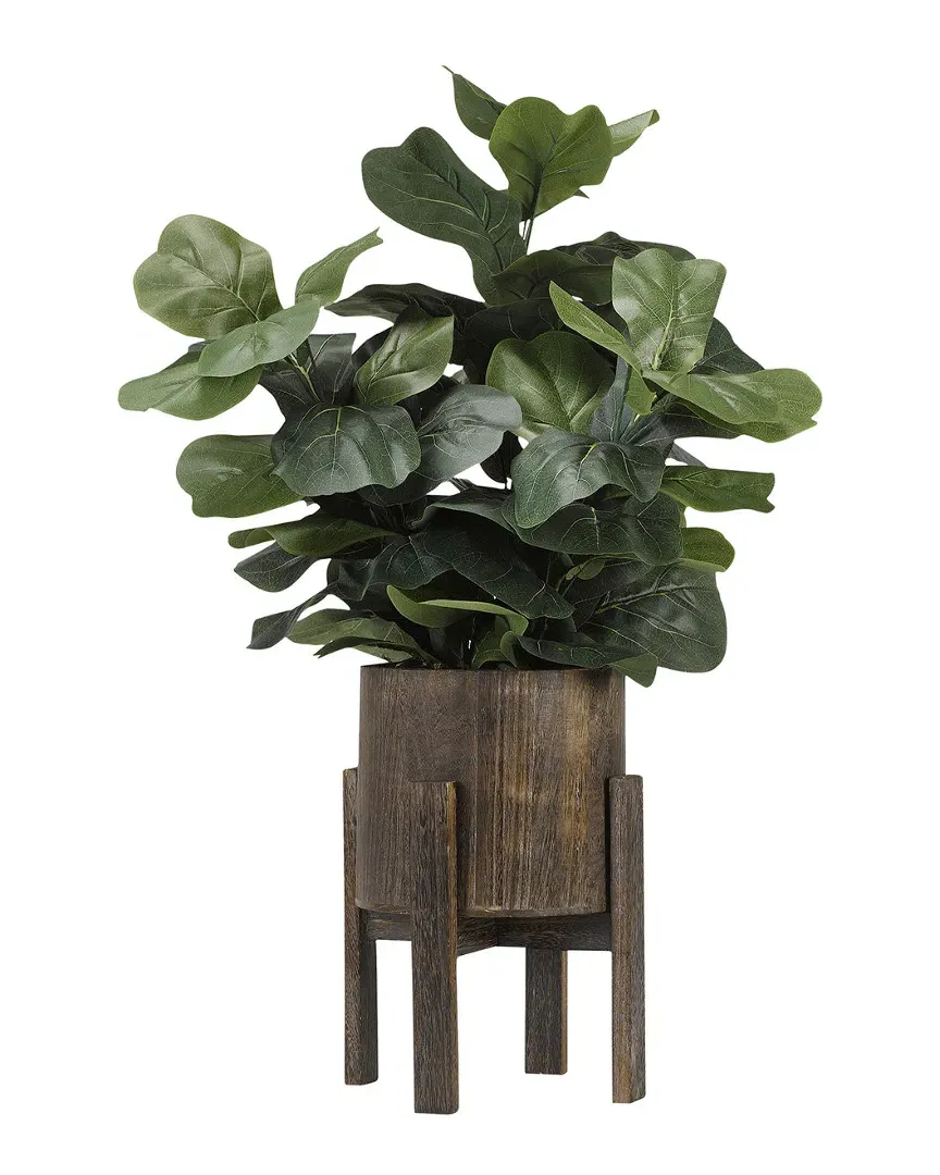 Fiddle Leaf Fig Branches in Round Planter with Stand - Wood