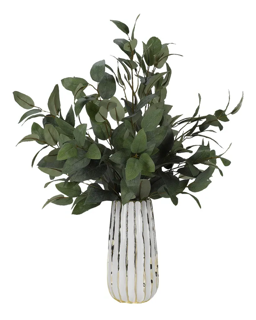 Green Elm Branches in Ceramic Vase - White, Gold