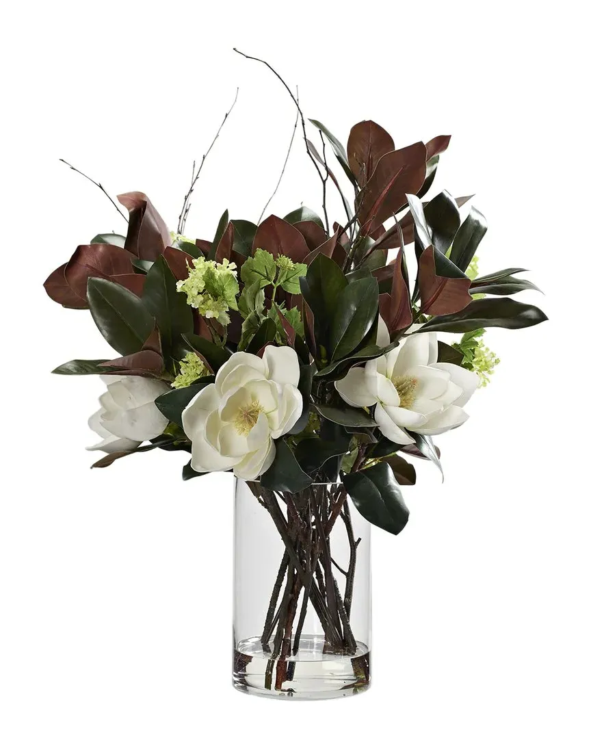 Magnolias & Green Snowball Branches in Large Glass Cylinder - White image
