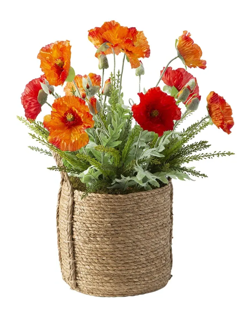 Orange Poppies in Round Natural Rope Basket - Orange